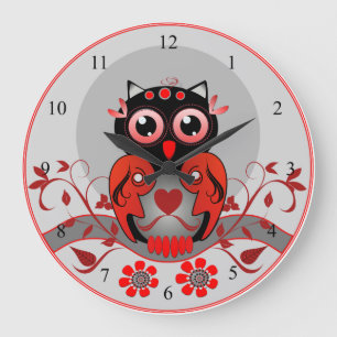 Cute cartoon Owl clock in red, black and grey Große Wanduhr