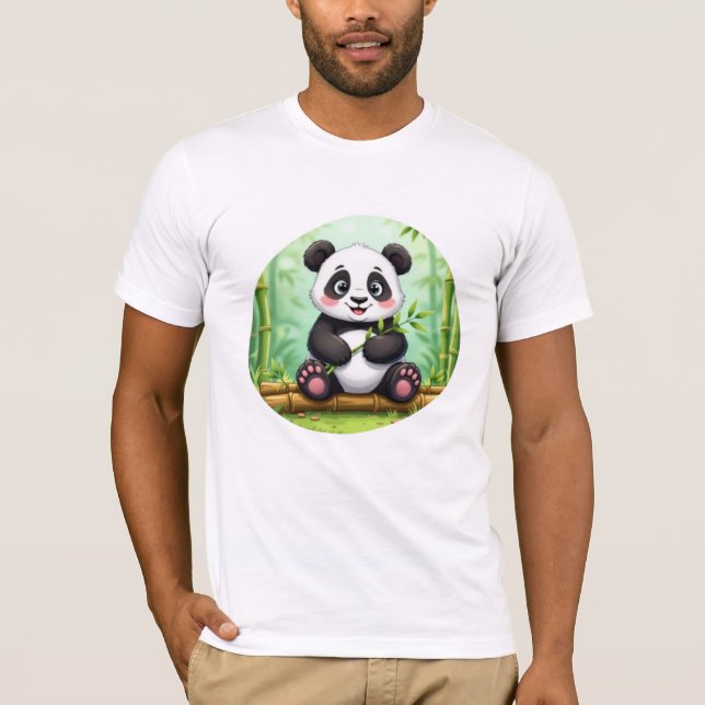 Cute Cartoon Panda on Bamboo Patch T-Shirt (Vorderseite)