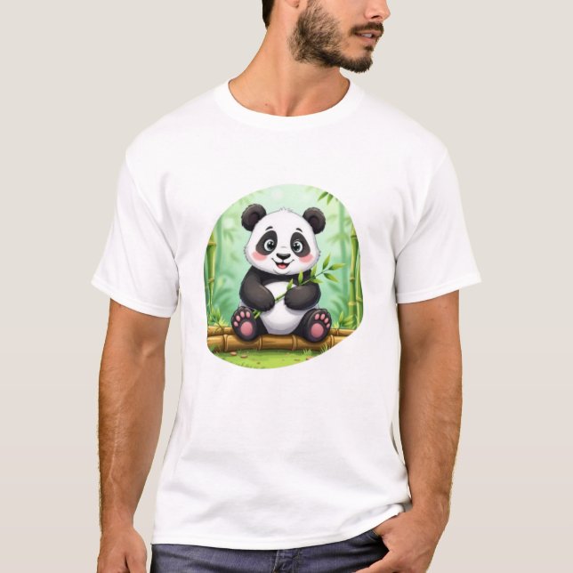 Cute Cartoon Panda on Bamboo Patch T-Shirt (Vorderseite)