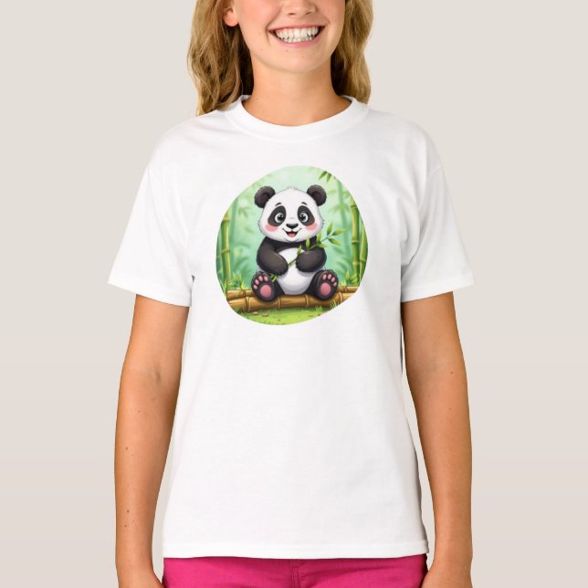 Cute Cartoon Panda on Bamboo Patch T-Shirt (Vorderseite)