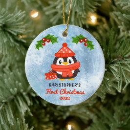 Cute Cartoon Penguin Baby's First Christmas Foto Keramik Ornament