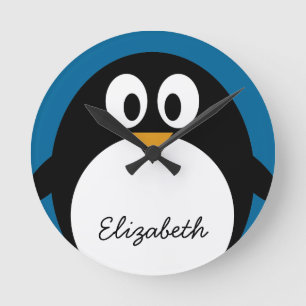 cute cartoon penguin blue background runde wanduhr