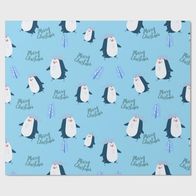 Cute Cartoon Penguin Merry Christmas  Geschenkpapier (Flach)