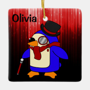 Cute cartoon penguin red and black keramikornament