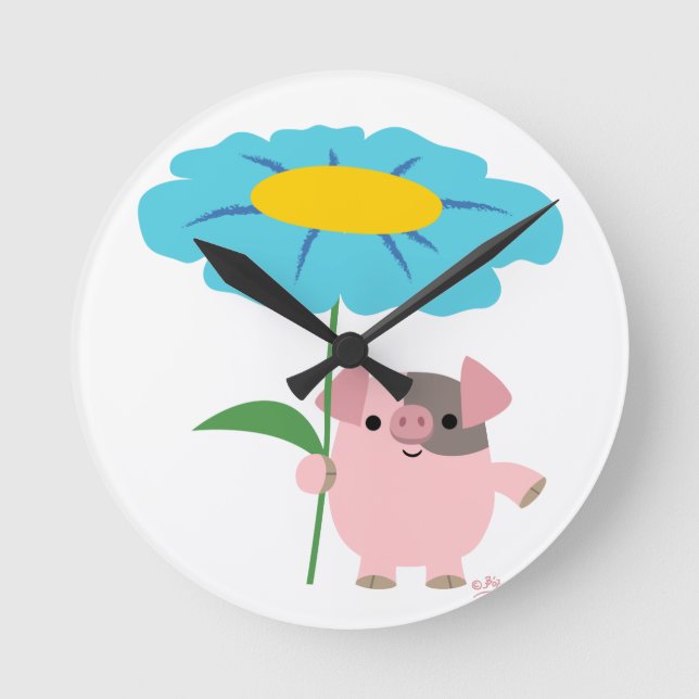 Cute Cartoon Pig With Gift Runde Wanduhr (Vorderseite)