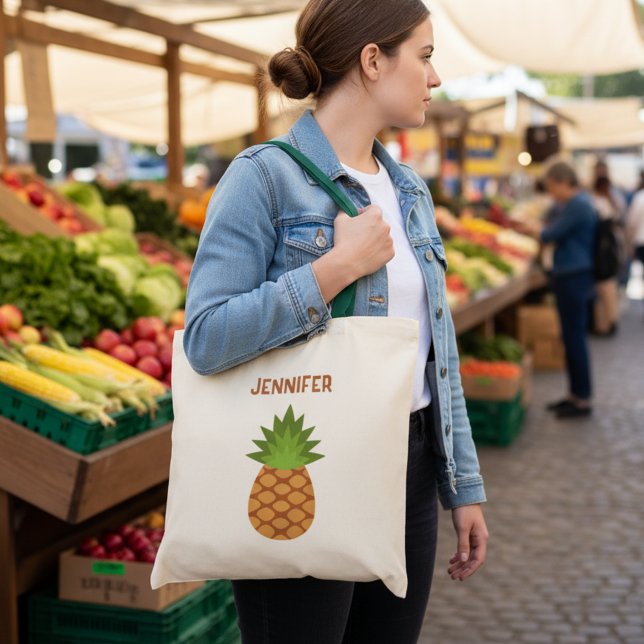 Cute Cartoon Pineapple Tote with Name Tragetasche (Personalized pineapple reusable grocery bag.)