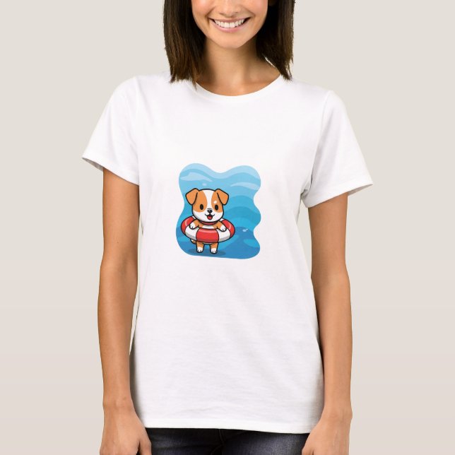 Cute Cartoon Puppy Floating in Lifebuoy T-Shirt (Vorderseite)
