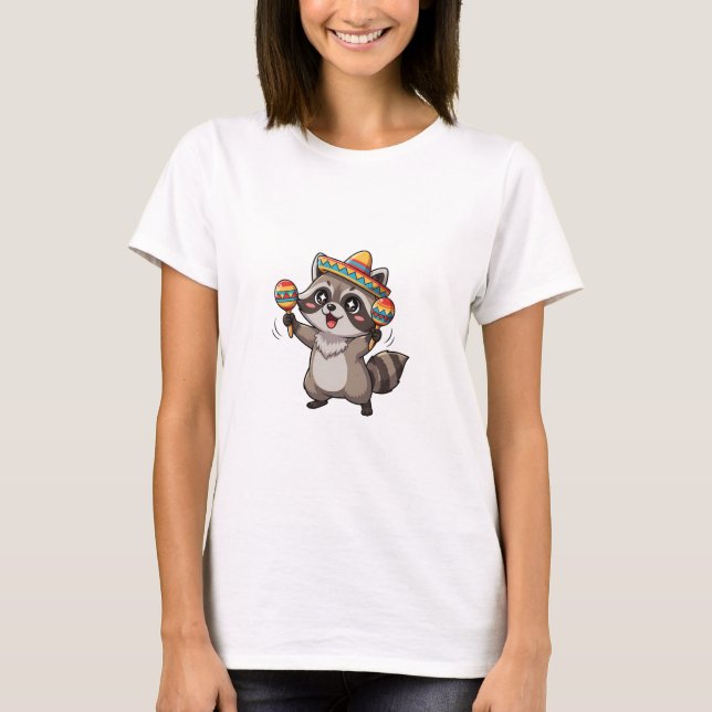 Cute Cartoon Raccoon Playing Maracas with Sombrero T-Shirt (Vorderseite)