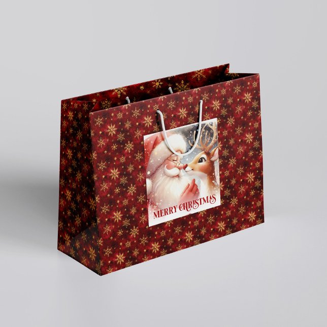 Cute Cartoon Santa and Red Nose Rudolph Gift Bag Große Geschenktüte (Cute Cartoon Santa and Red Nose Rudolph Gift Bag)