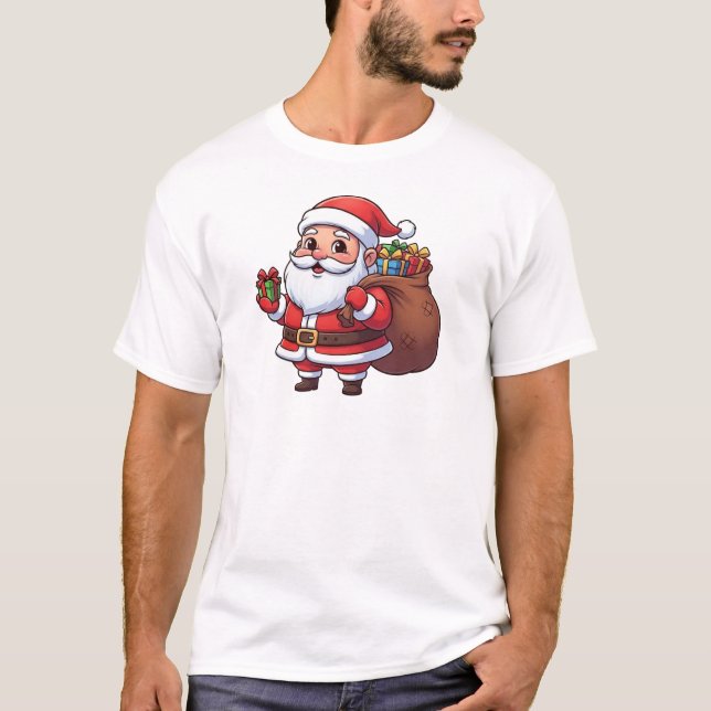 Cute Cartoon Santa Claus Holding Gift with Sack   T-Shirt (Vorderseite)