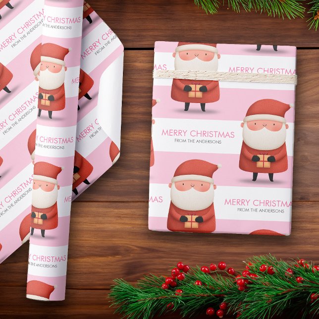 Cute Cartoon Santa Merry Christmas Name Pink Gift Geschenkpapier (Cute Cartoon Santa Merry Christmas Name Pink Gift Wrapping Paper)