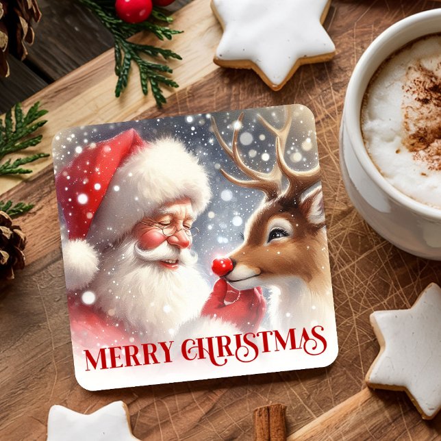 Cute Cartoon Santa Rudolph Christmas Party Coaster Rechteckiger Pappuntersetzer (Cute Cartoon Santa Rudolph Christmas Party Coaster

)