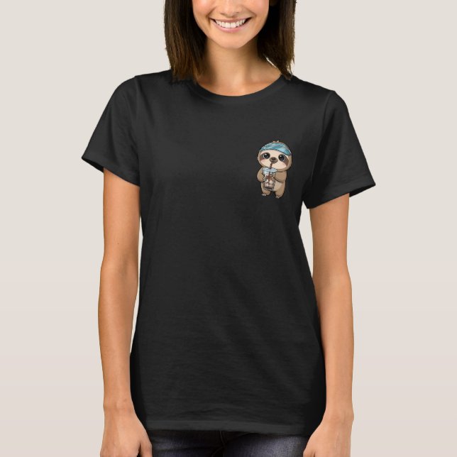 Cute Cartoon Sloth Drinking Iced Coffee T-Shirt (Vorderseite)