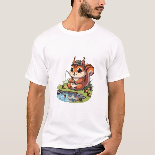 Cute Cartoon Squirrel in Hat Fishing with Acorn T-Shirt (Vorderseite)