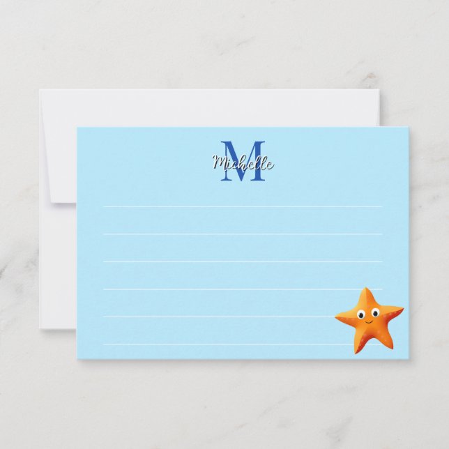 Cute Cartoon Starfish Blue Ocean Lined Monogram Mitteilungskarte (Vorderseite)