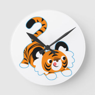 Cute Cartoon Tiger Ready To Play Runde Wanduhr