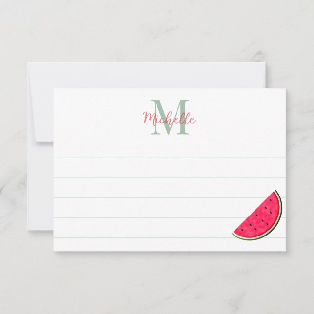 Cute Cartoon Watermelon Custom Monogram Lined Mitteilungskarte (Vorderseite)