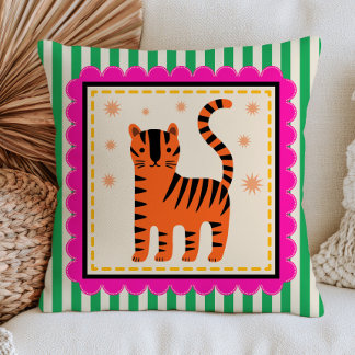 Cute Cartoony Tiger on Green Stripes Colorful Kissen