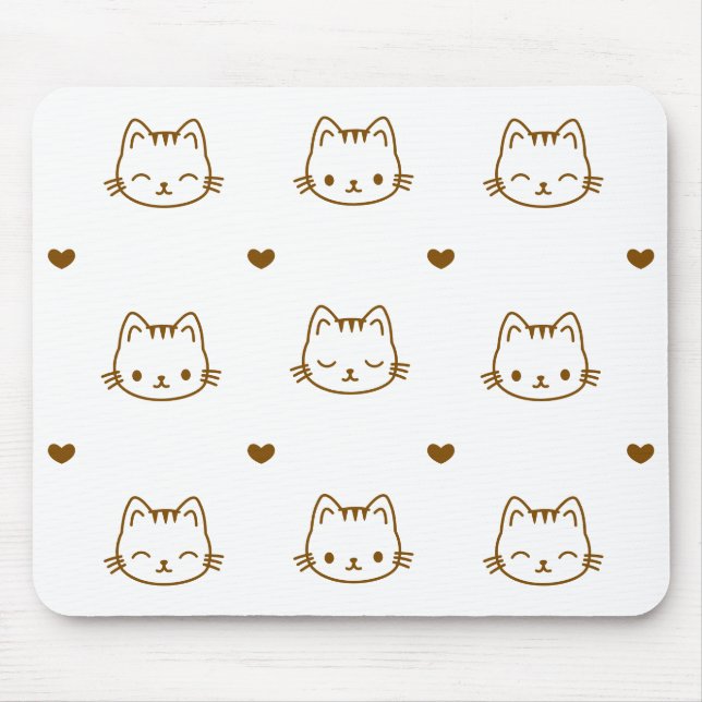 Cute Cat and Heart Pattern Brown on White Mousepad (Vorne)