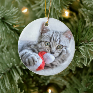 Cute Cat and Santa Claus Hat Keramik Ornament