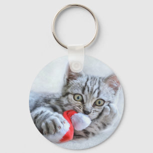 Cute Cat and Santa Claus Hat Schlüsselanhänger