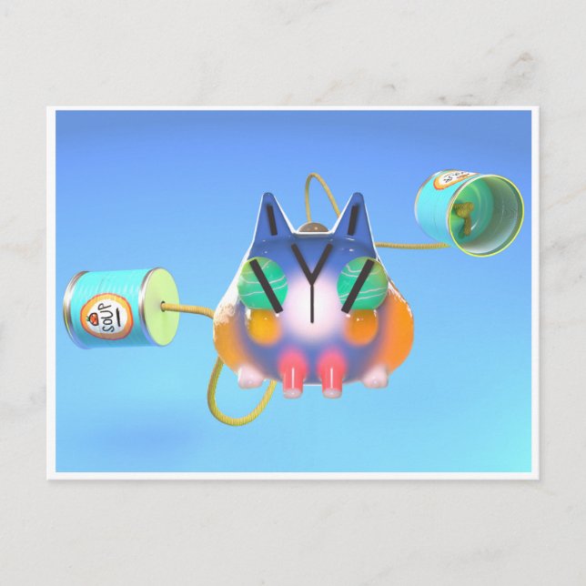 Cute cat and tin can telephone made from soup cans postkarte (Vorderseite)