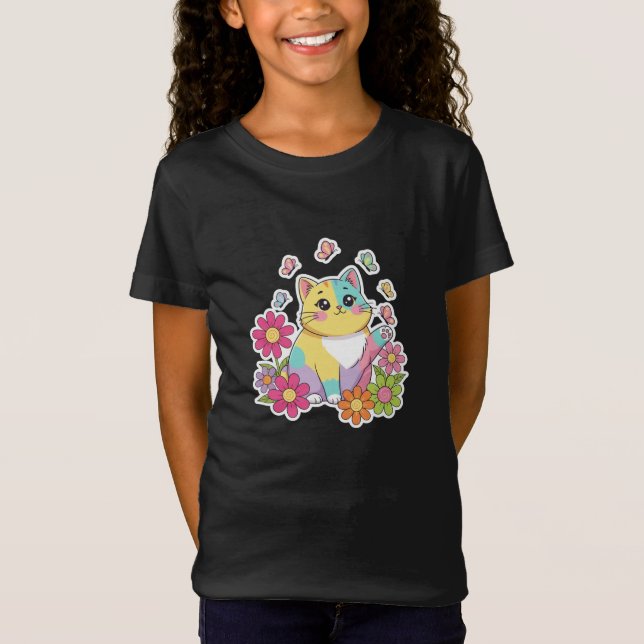 Cute Cat & Butterfly Garden Kids T-Shirt  (Vorderseite)