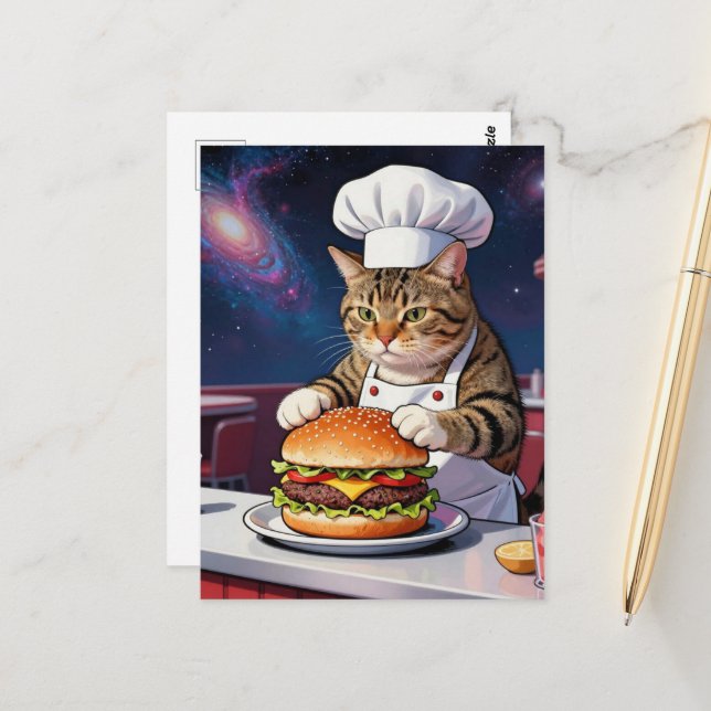 Cute Cat Chef Making CheeseBurger in Space Diner Postkarte (Vorderseite/Rückseite Beispiel)