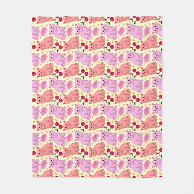 Cute Cat Cherry Floral Pattern | Kawaii Kitty  Fleecedecke (Vorderseite)