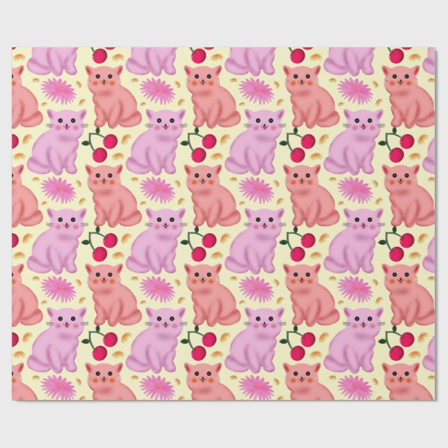 Cute Cat Cherry Floral Pattern | Kawaii Kitty  Geschenkpapier (Flach)