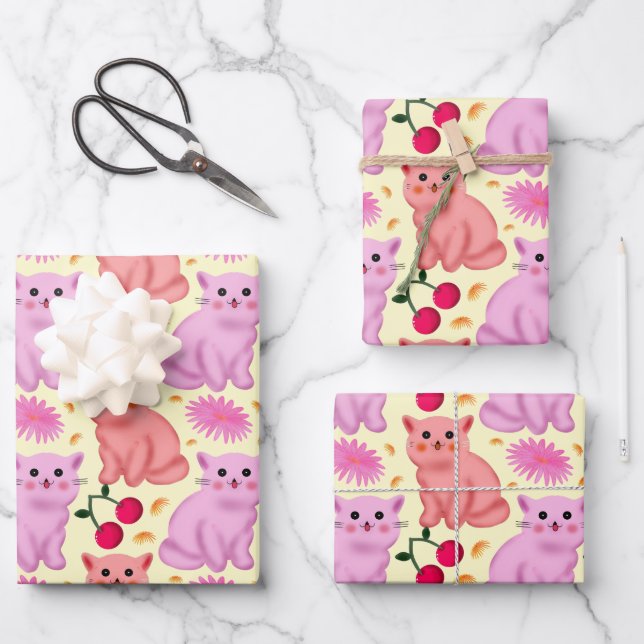 Cute Cat Cherry Floral Pattern | Kawaii Kitty  Geschenkpapier Set (Vorderseite)