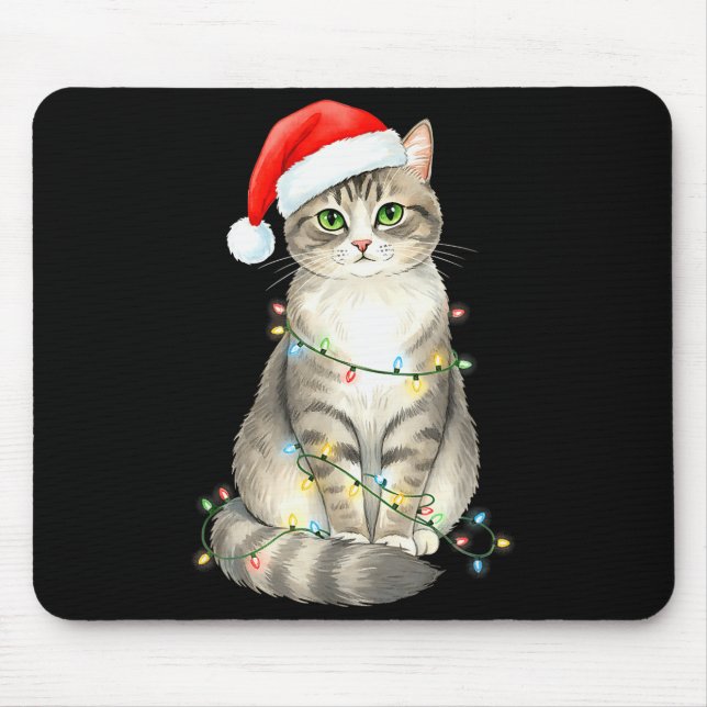 Cute Cat Christmas Lights Santa Hat Snow Holiday A Mousepad (Vorne)