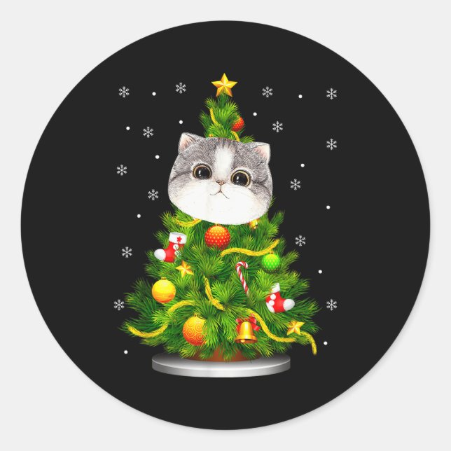 Cute Cat Christmas Tree Holiday Cat Lovers Xmas Wo Runder Aufkleber (Vorderseite)