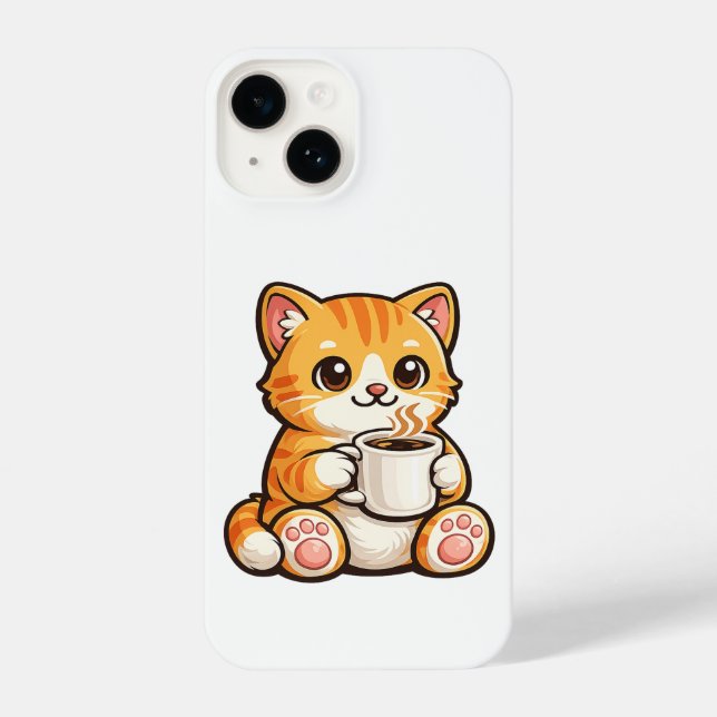Cute Cat Coffee – Cozy Orange Cat Drinking Coffee  iPhone Hülle (Rückseite)