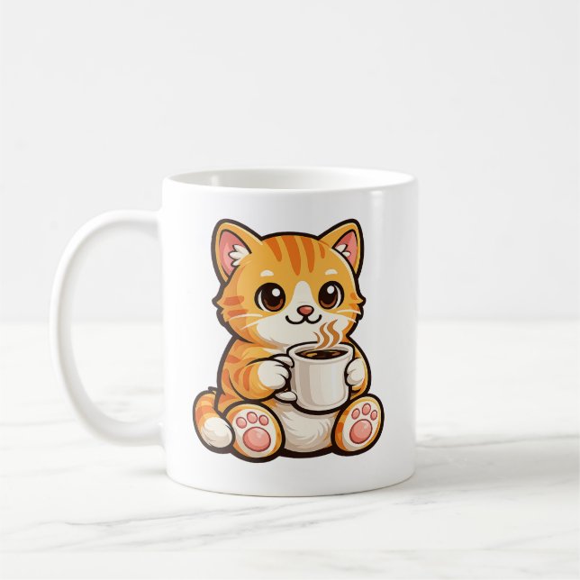 Cute Cat Coffee – Cozy Orange Cat Drinking Coffee  Kaffeetasse (Links)