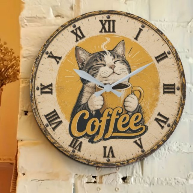 Cute Cat Coffee Große Wanduhr (Von Creator hochgeladen)