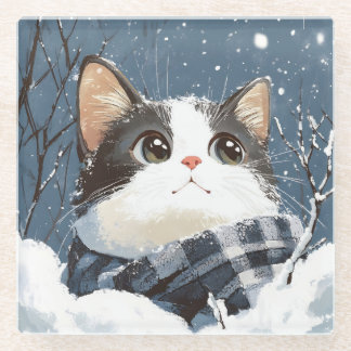 Cute cat cozy winter snow glasuntersetzer