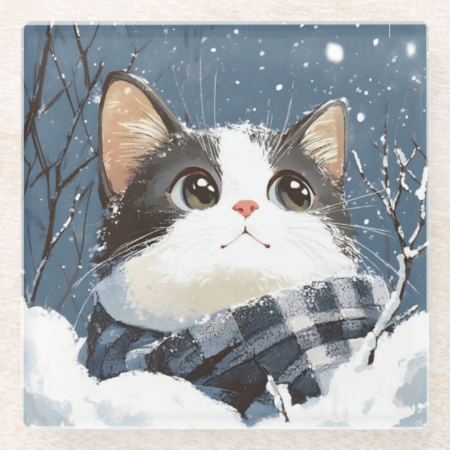 Cute cat cozy winter snow glasuntersetzer (Vorderseite)