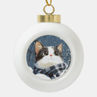Cute cat cozy winter snow keramik Kugel-Ornament