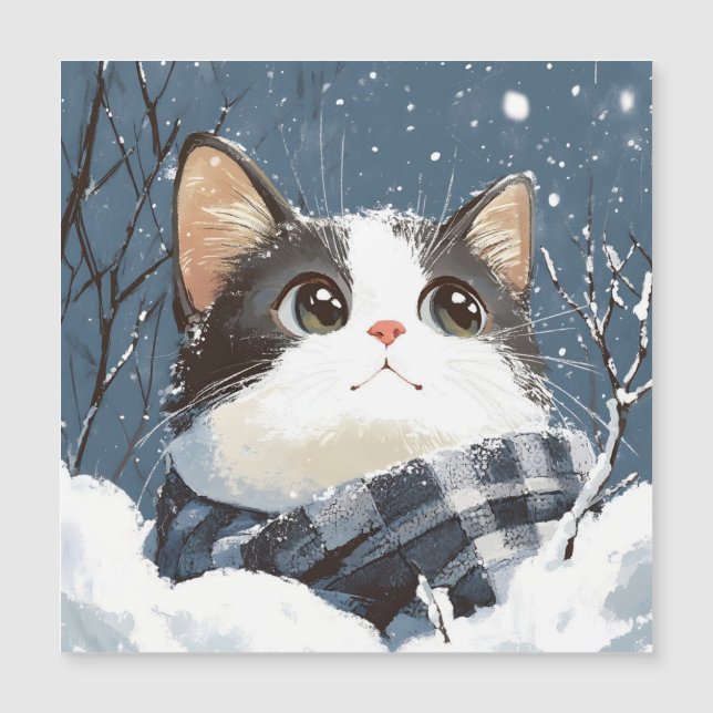 Cute cat cozy winter snow magnetkarte (Vorderseite)
