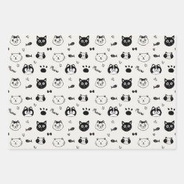Cute Cat Doodle Pattern – Black and White Cat Face Geschenkpapier Set