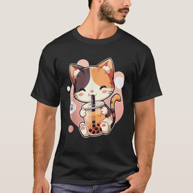 Cute Cat Drinking Boba Tea Bubble Tea Anime Kawaii T-Shirt (Vorderseite)