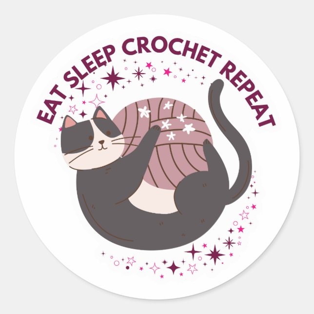 Cute Cat Eat Sleep Crochet Repeat Runder Aufkleber (Vorderseite)