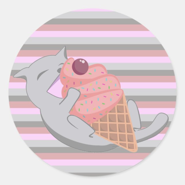 Cute Cat Eating Ice Cream Striped Runder Aufkleber (Vorderseite)
