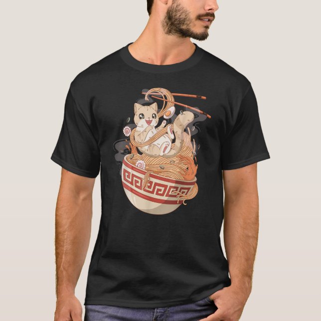 Cute Cat eating Ramen T-Shirt (Vorderseite)