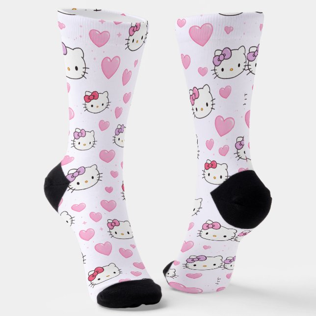 Cute Cat Faces & Hearts Pattern Kawaii Style Socken (Gewinkelt)