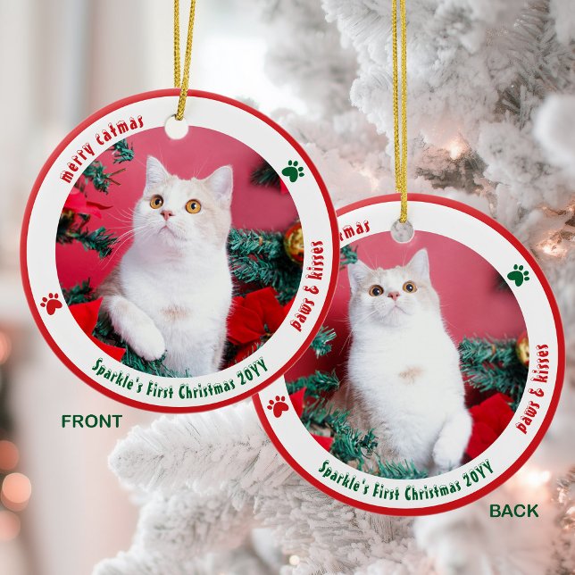 Cute Cat First Christmas Custom Pet Photo Keramik Ornament (Von Creator hochgeladen)
