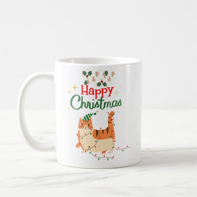 Cute Cat 'Happy Christmas' Holiday Mug Kaffeetasse (Links)