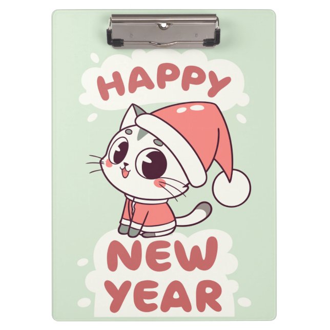 cute cat  happy new year clipboard klemmbrett (Vorderseite)