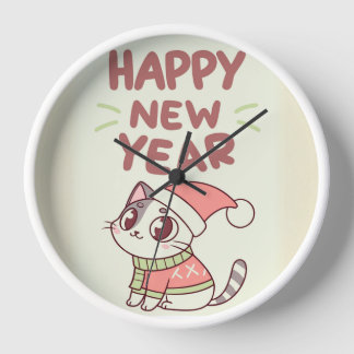 cute cat happy new year clock uhr